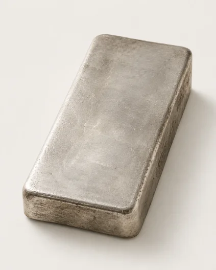 One hundred ounce silver bar, three-quarter view on a porcelain ground.
