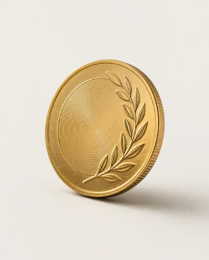 One ounce sovereign-style gold coin, three-quarter view on a porcelain ground.